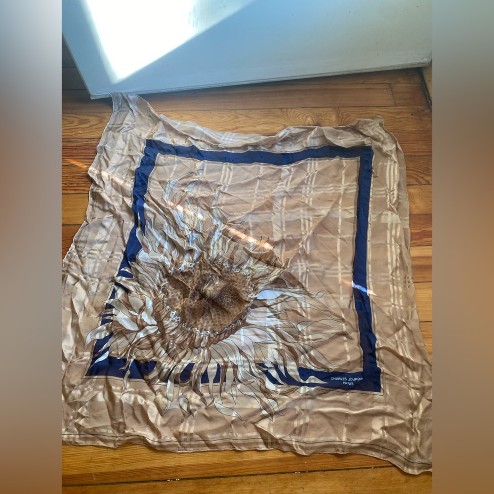Vintage Charles Jourdan Paris Beige and Navy Floral Silk Scarf